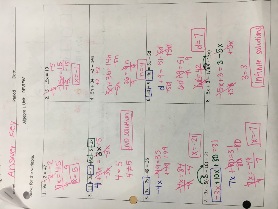 Algebra 1 unit 4 answer key