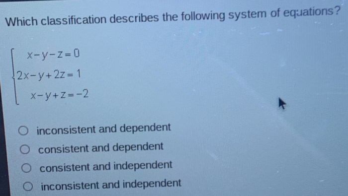 Which classification describes the following system of equations